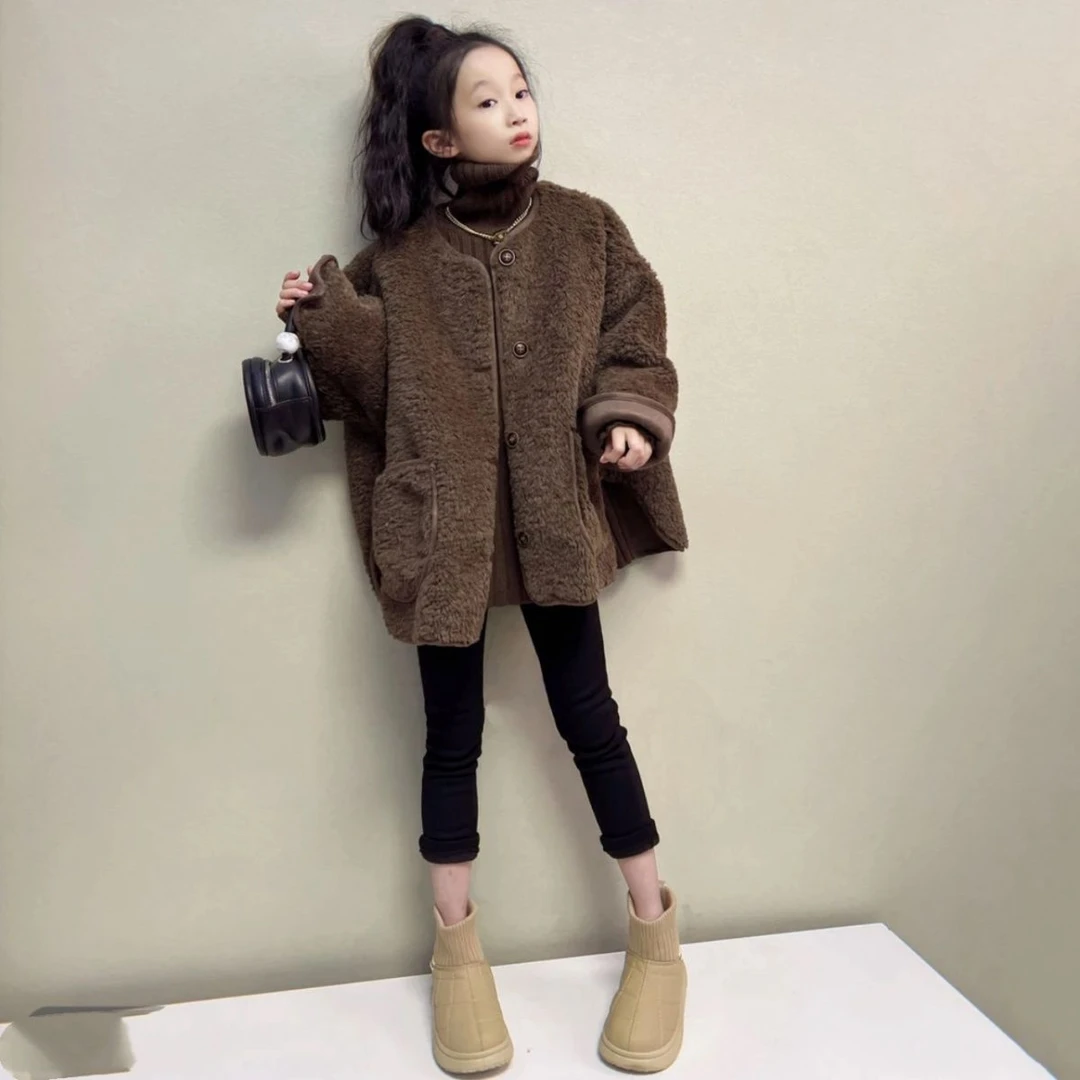 女童秋冬季加厚皮毛一体外套新款网红中大童洋气毛毛宽松上衣