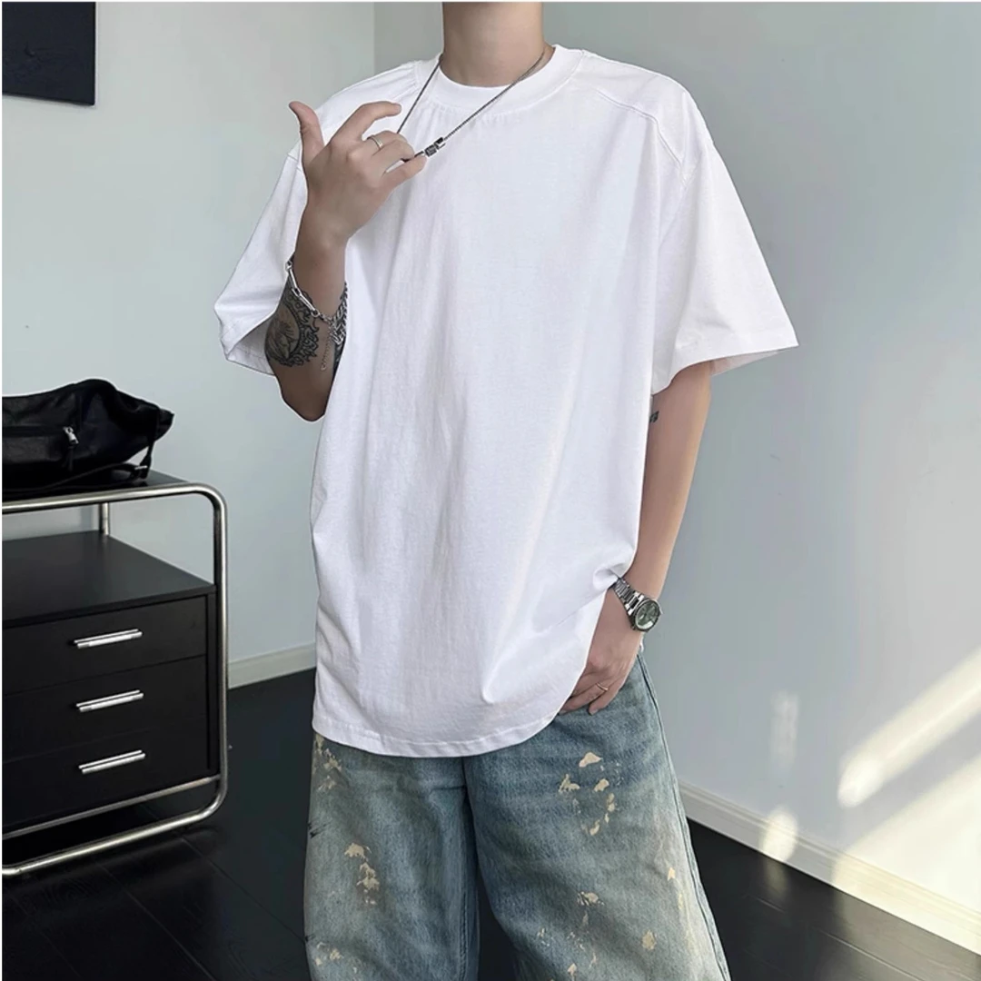 太空棉宽松重磅白色短袖T恤男美式潮流纯色圆领上衣男生休闲t恤