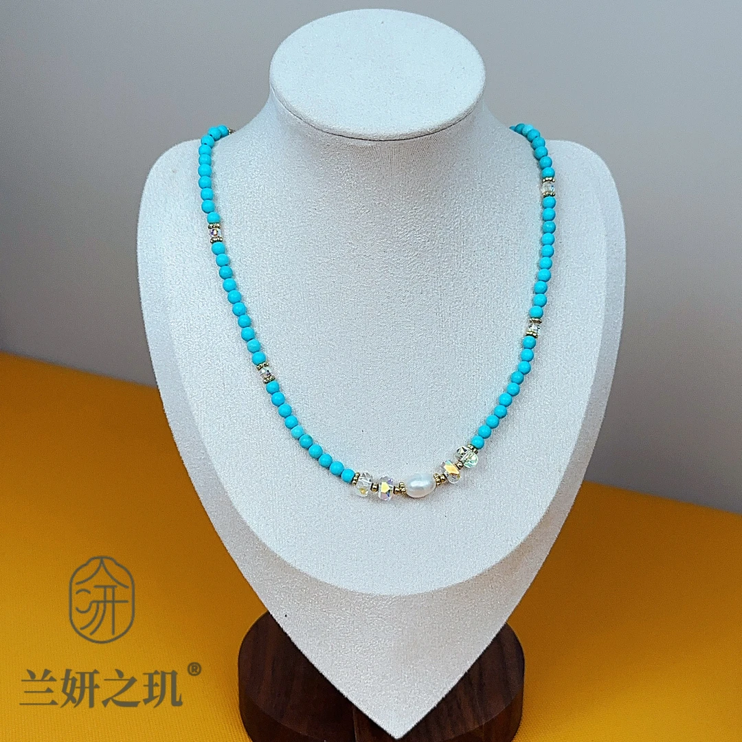 淡水珍珠 4mm绿松石珍珠水晶项链 新中式天然石珍珠项链 8851