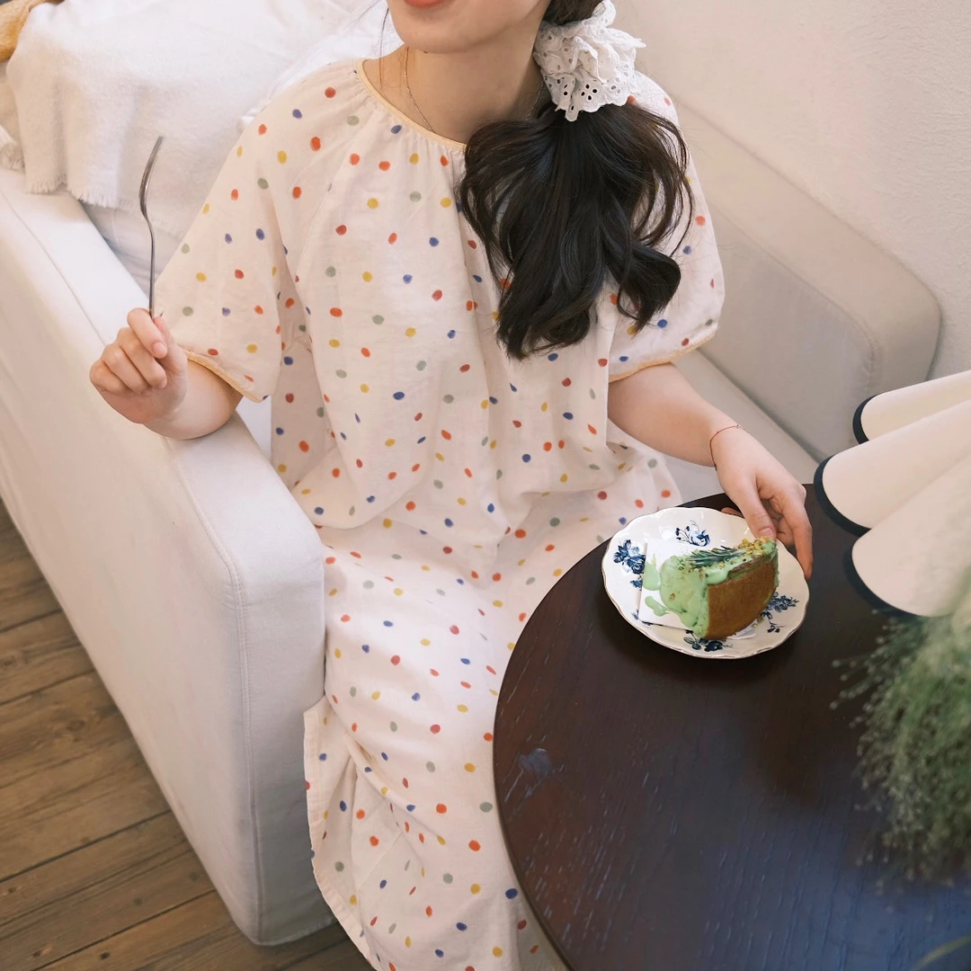 【夏季睡裙】2025双层纱圆领短袖睡裙印花全棉软糯家居夏季宽松显瘦