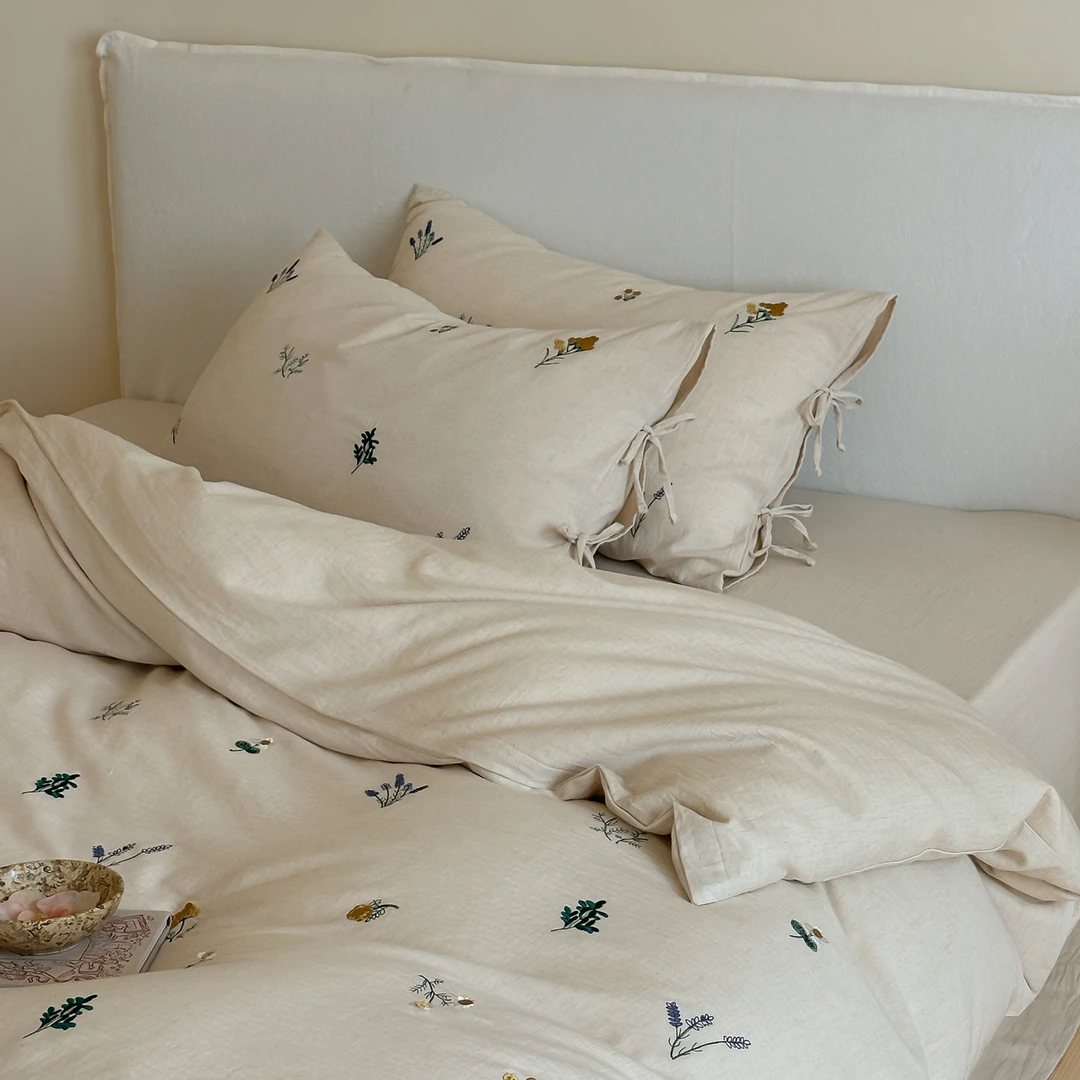 简约风A类棉麻绣花四件套全棉纯棉色织提花被套床单床笠款四件套