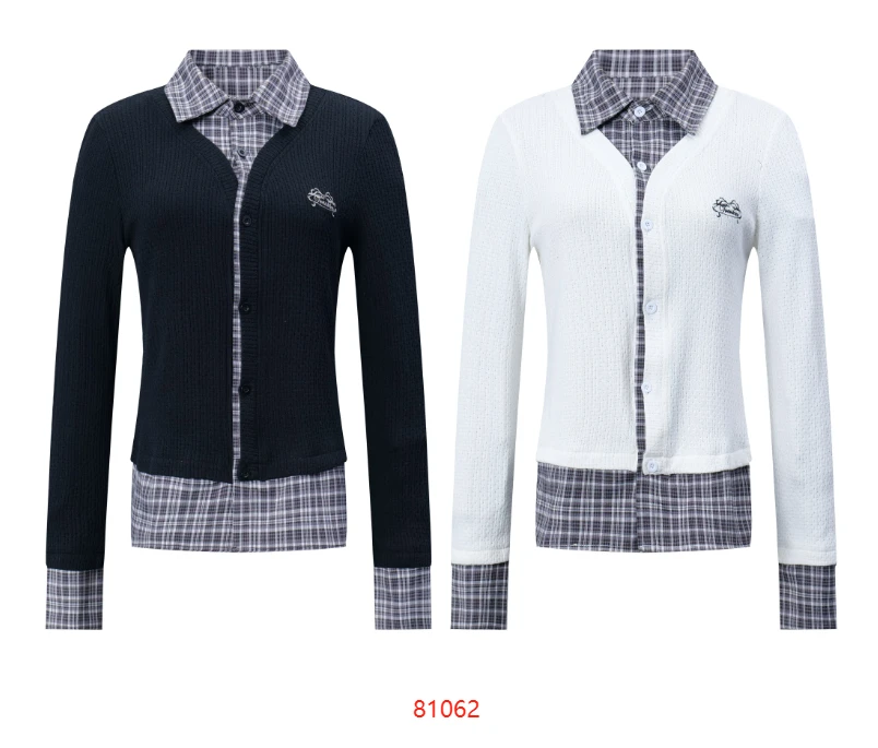 假两件格子拼接长袖81062