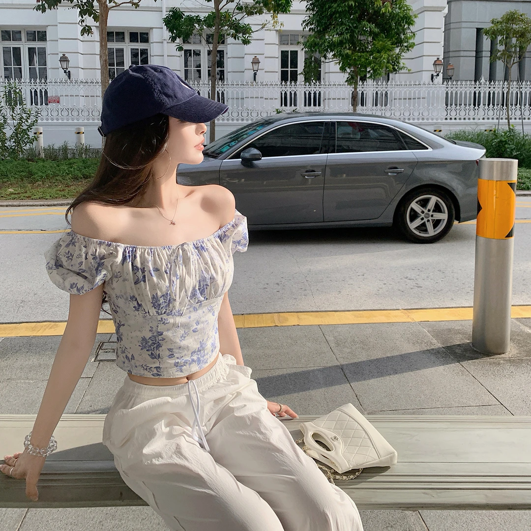 "邂逅蓝花"夏天蓝调风情 100长绒棉连衣裙/泡泡袖碎花衫-时尚套装