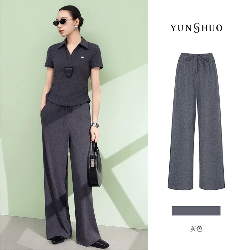 允硕夏季新品时尚百搭女装灰色高腰阔腿直筒裤遮胯吸汗裤子198235