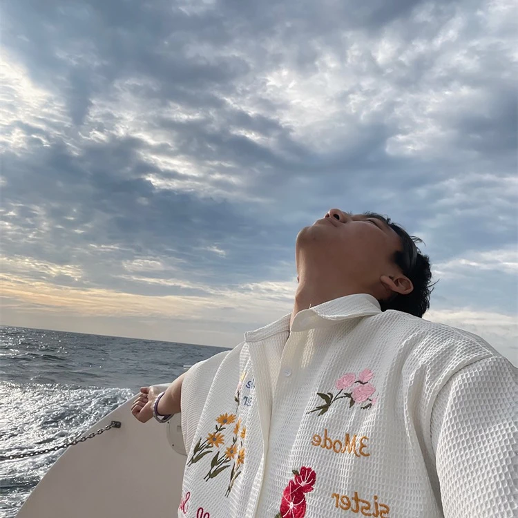 日系华夫格短袖衬衫男士百搭宽松青少年上衣夏季潮牌休闲半袖衬衣