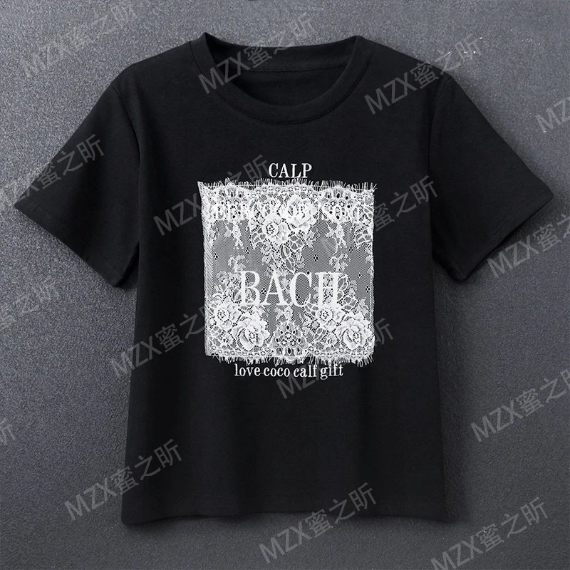 字母刺绣蕾丝拼接短袖T恤女2025夏季新款设计感圆领百搭显瘦上衣