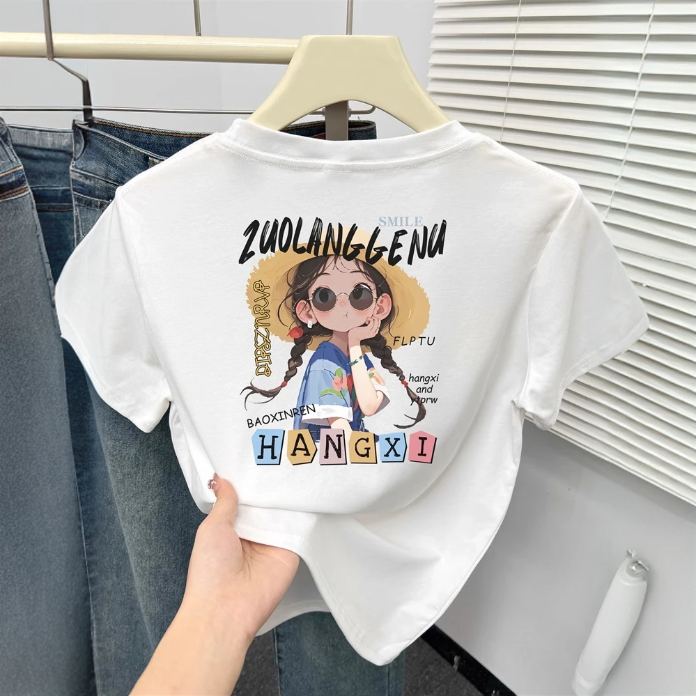 纯棉短袖T恤夏款草帽女孩亲子装百搭洋气印花休闲韩版夏季体恤潮t