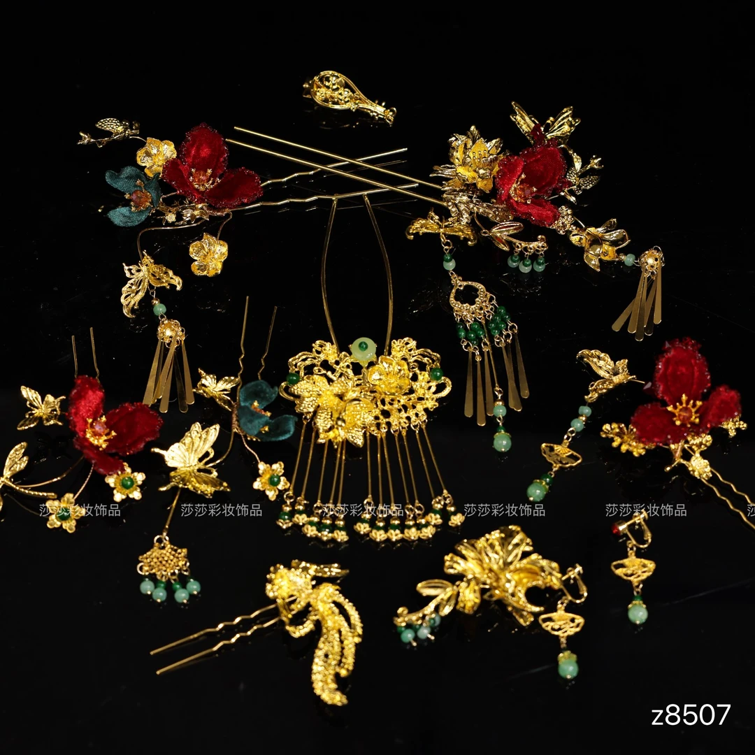 Z8507新中式边夹红色流苏簪子宫廷结婚新娘头饰中国风百搭