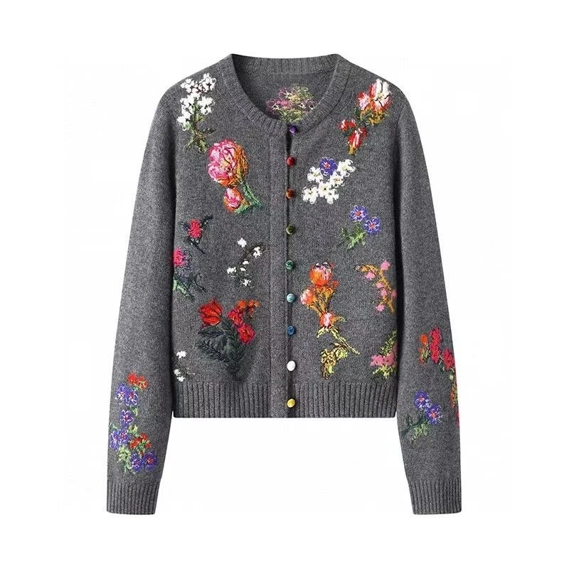 【花园秘境】秋冬新款彩色花卉刺绣气质百搭毛针织开衫毛衣女.Y7897
