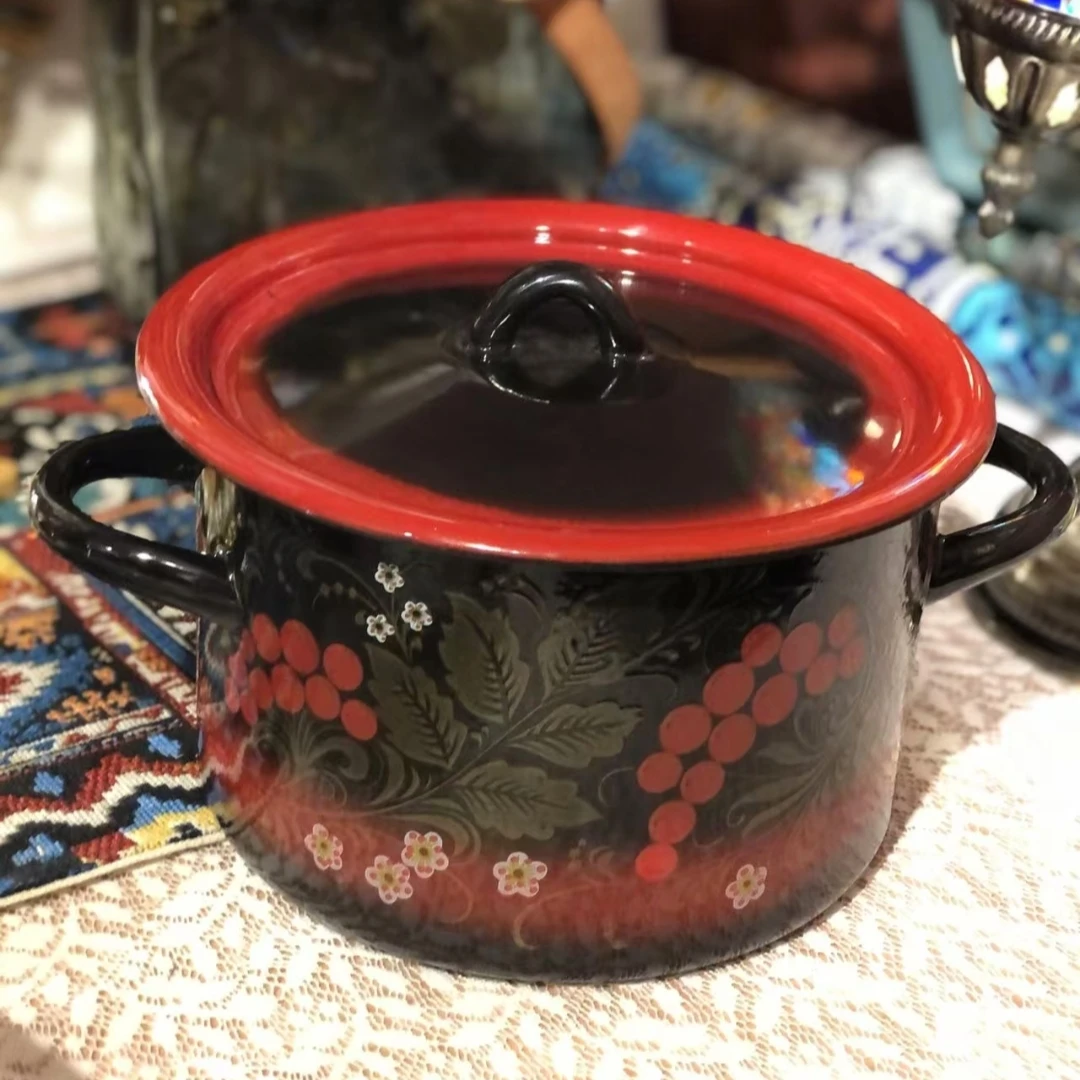 【hasoy新疆包邮】20cm黑红珐琅搪瓷汤锅樱桃花双耳加厚汤锅高烧锅