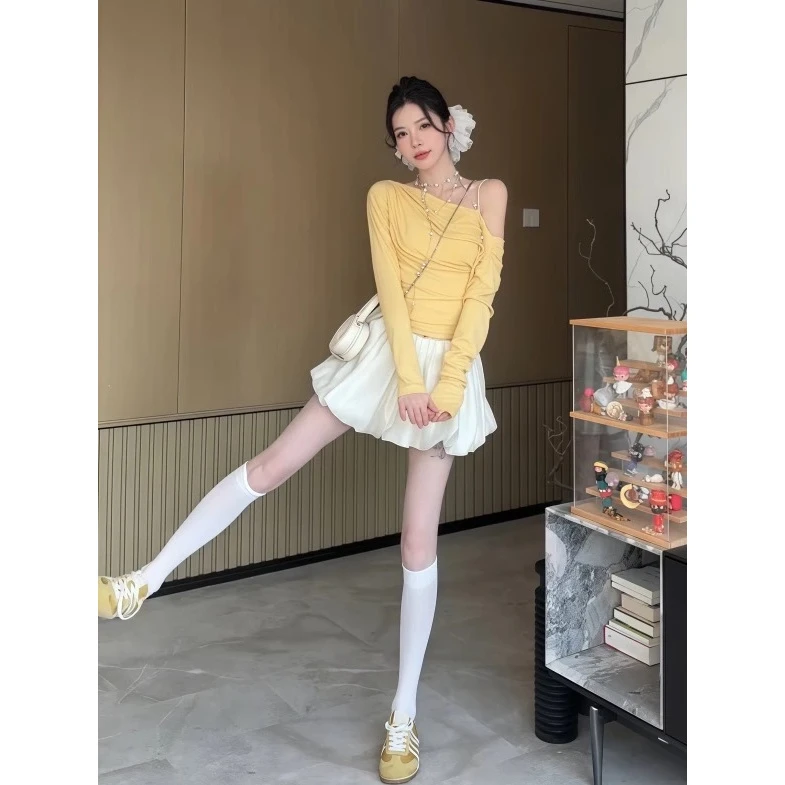 2025春夏新款女法式气质薄款修身长袖上衣百搭高腰显瘦花苞半身裙