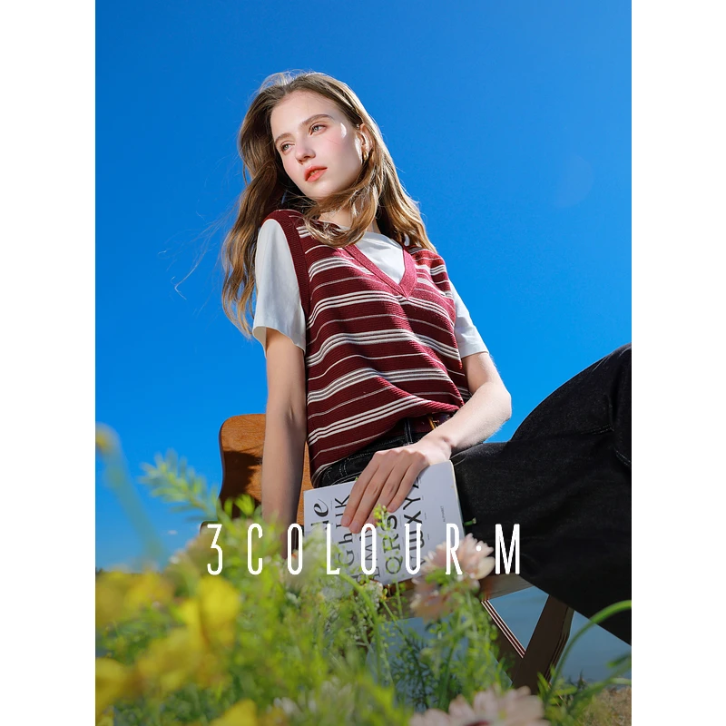 1124三彩2025春季新款假两件马甲针织衫圆领短袖条纹套头衫混dbq