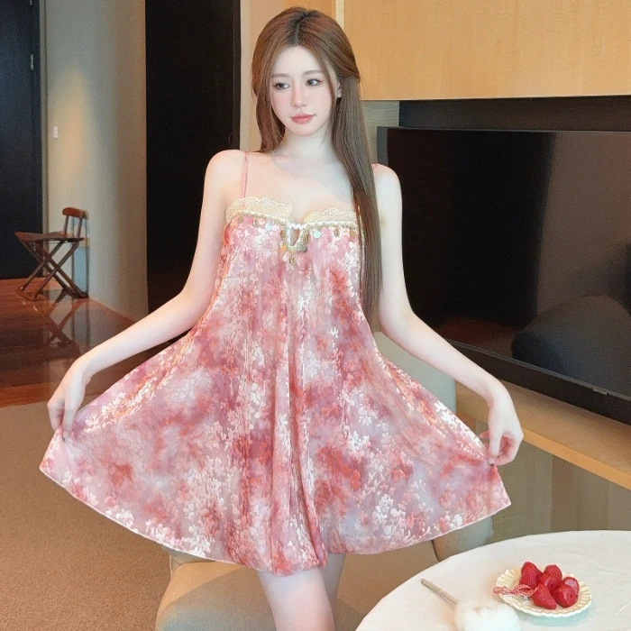 80-200大码新款时尚烧花吊带性感睡裙套装夏季纯欲千金性感睡衣