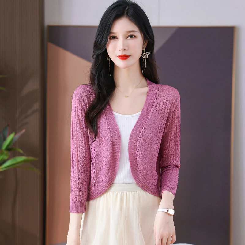 装夏季薄针织衫女开衫超短款披肩外套七分袖镂空配中年妈妈裙子