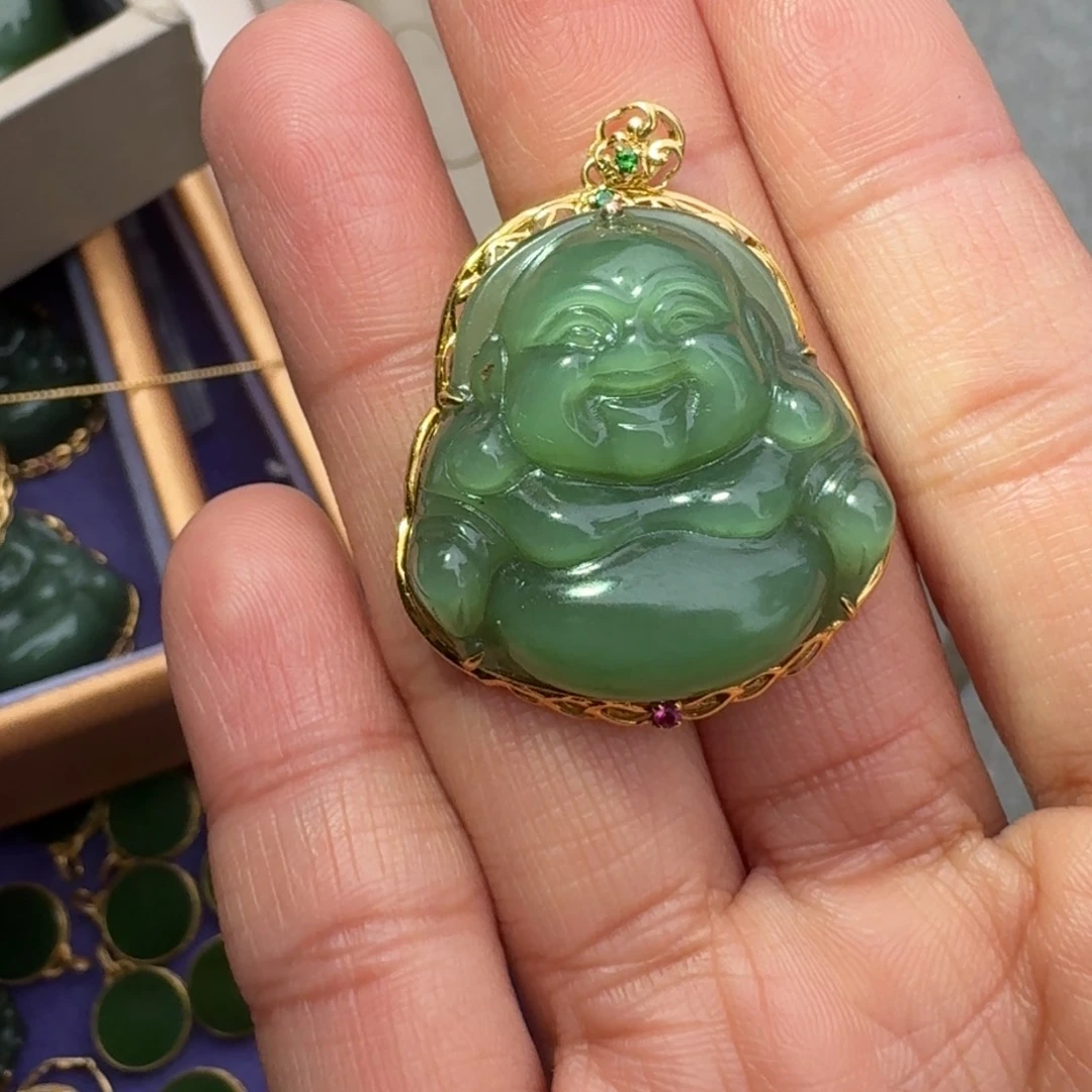 和田玉颈饰18K金镶嵌碧玉佛公TZ多样性拍一发一