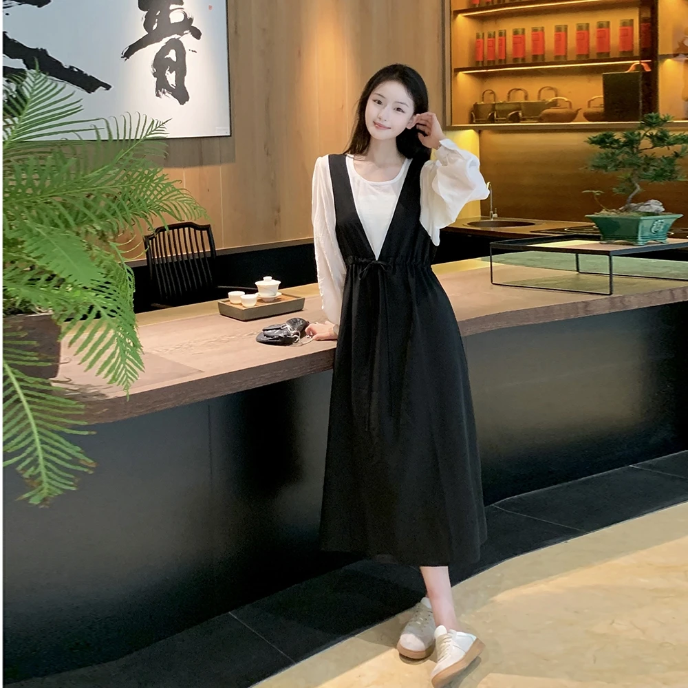 温柔穿搭假两件拼接长裙赫本风气质小个子休闲显瘦连衣裙女夏新款