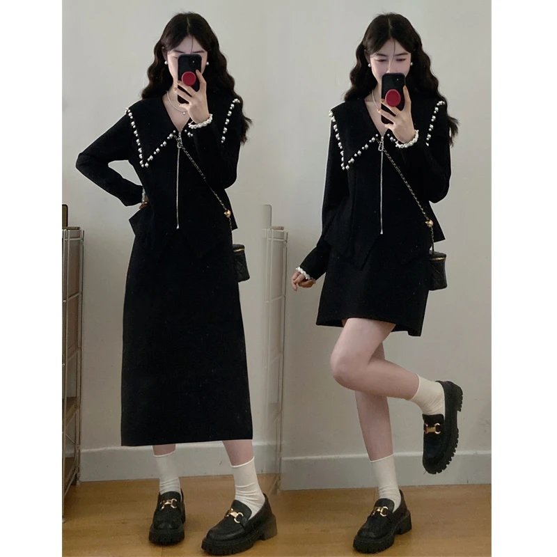 大码秋季新款胖mm法式小香风花边长袖上衣+高腰半身裙两件套装女