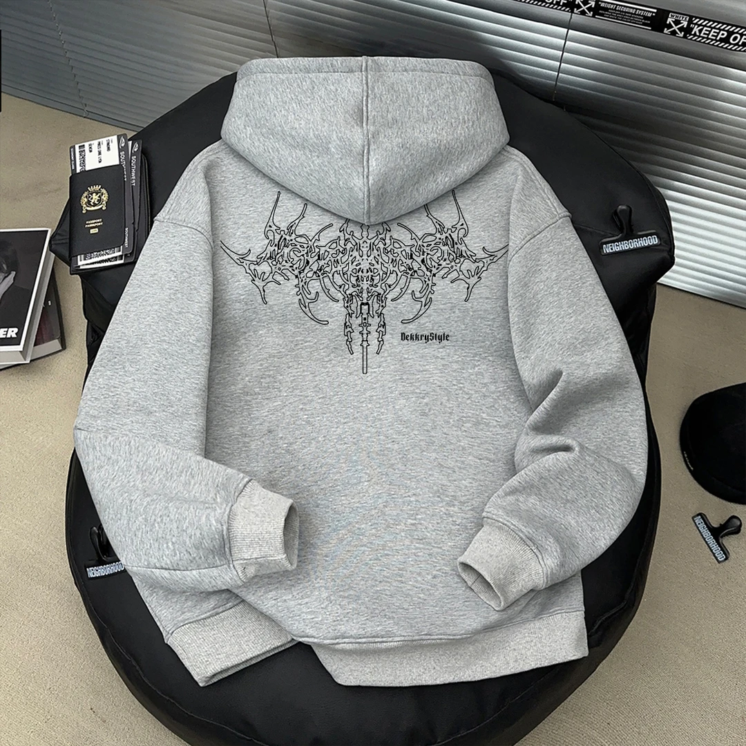 美式潮流酷炫印花加厚卫衣秋冬连帽套头男女加绒保暖休闲情侣上衣