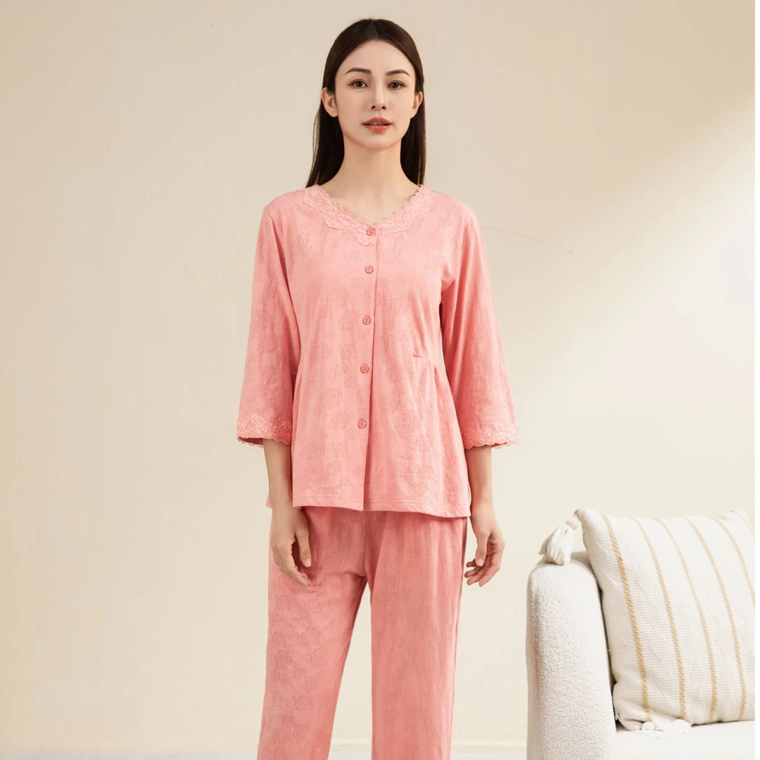 姬玛薄款夏款女士七分袖九分裤睡衣花边玫瑰提花家居服套装251363