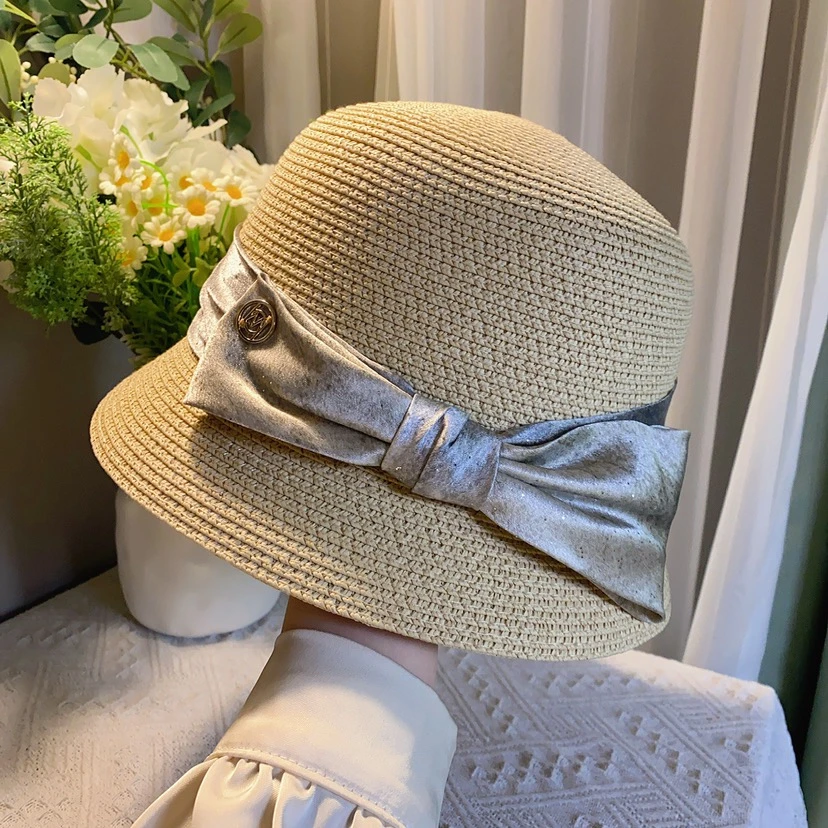 草帽女夏天时尚卷边飘带户外休闲出游优雅遮脸防晒短檐小香风凉帽