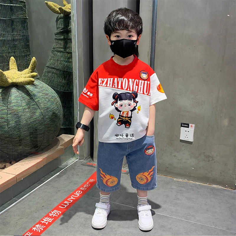 哪吒衣服男童短袖套装2025新款儿童夏装牛仔裤拼接上衣休闲两件套
