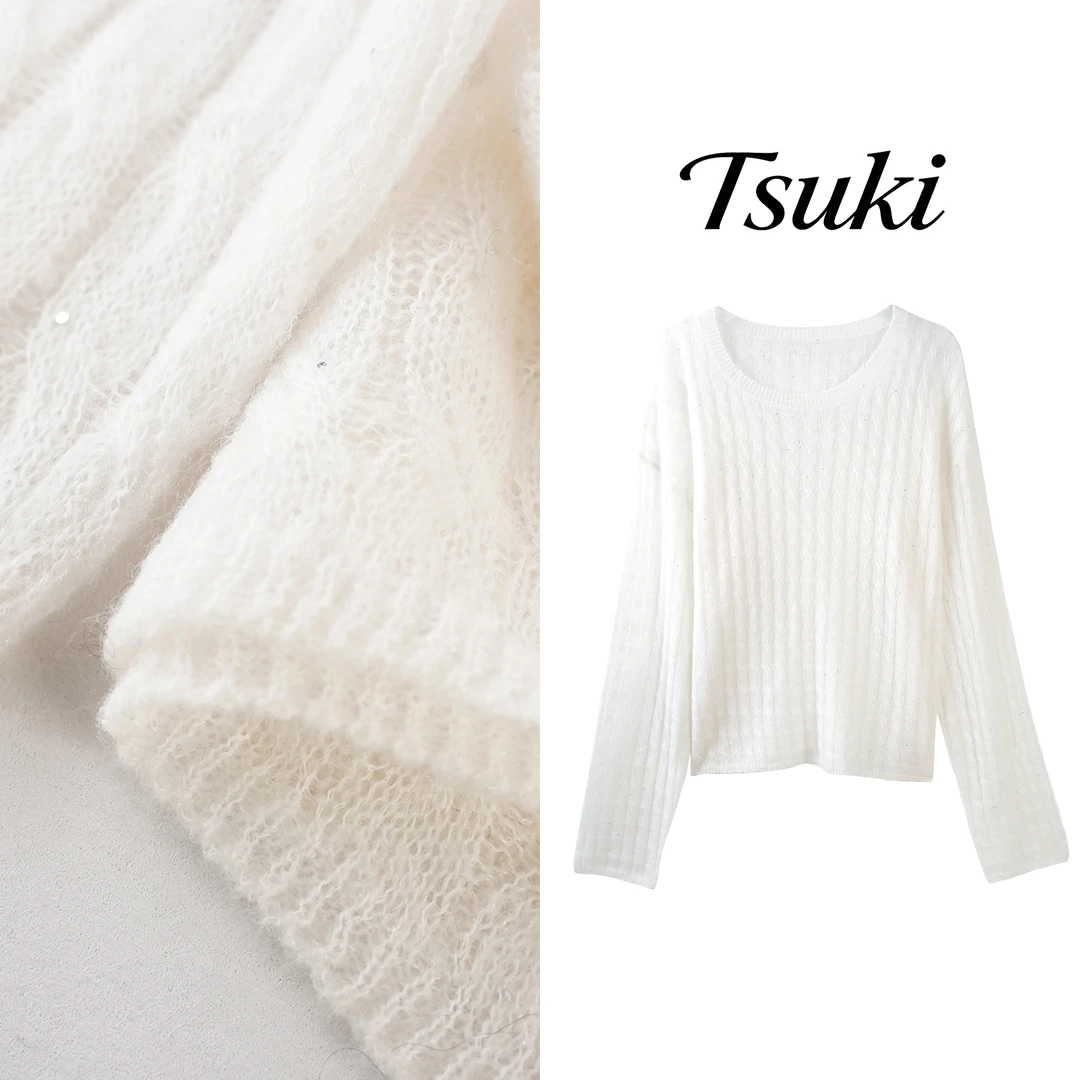 Tsuki 圆领绞花珠片长袖毛衫BM624X04138