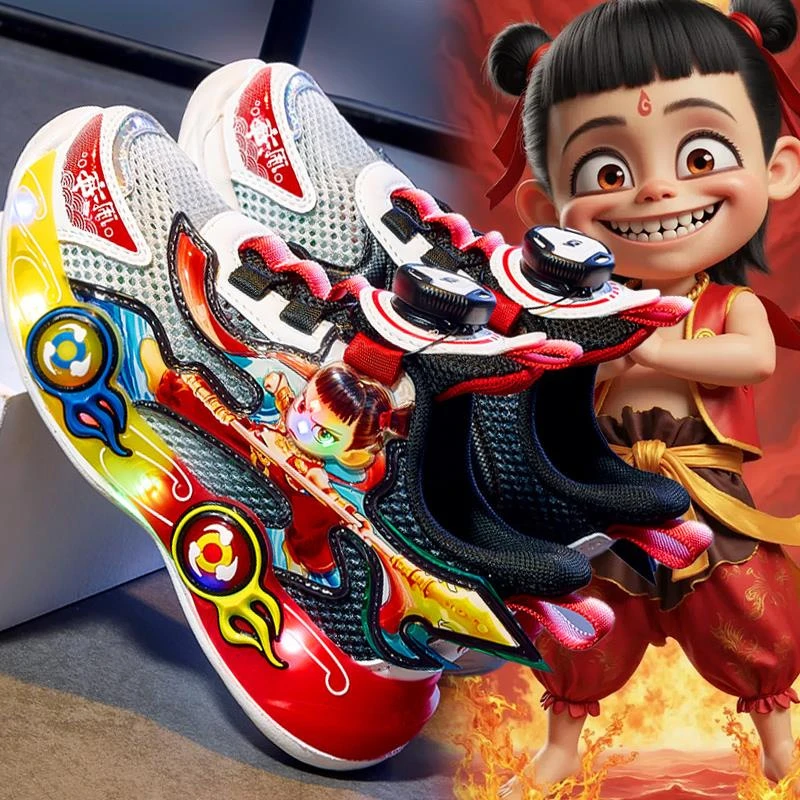 哪吒男童鞋子2025新款夏季透气单网鞋亮灯发光儿童运
