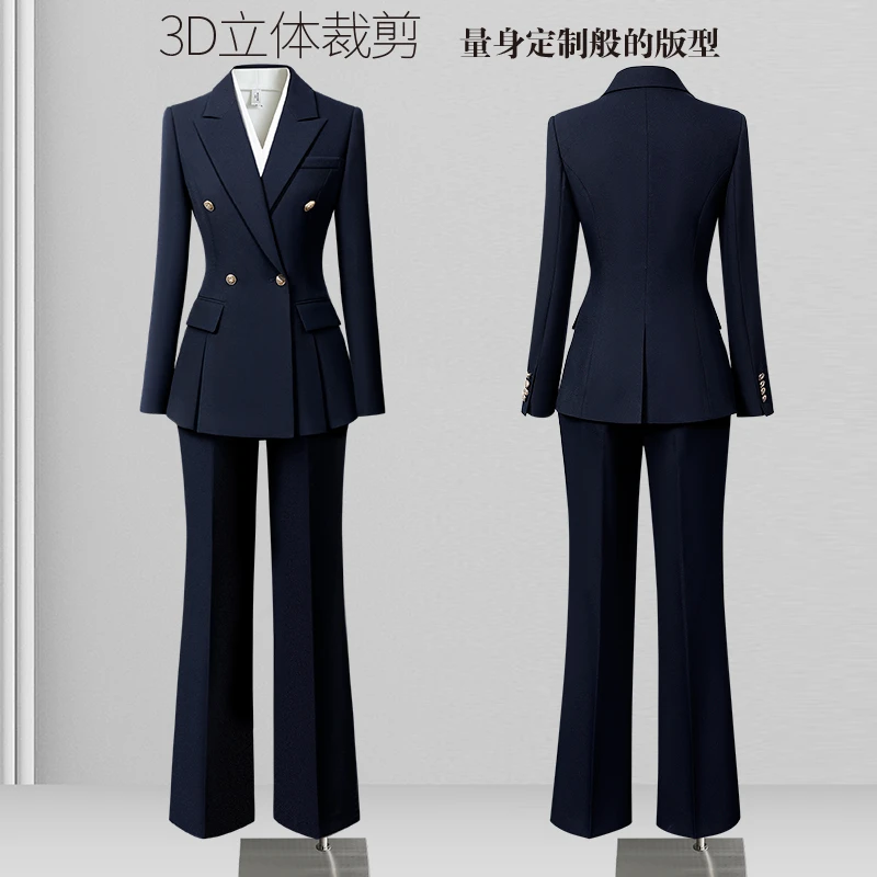 25春季新款藏蓝色职业西装套装阔腿裤面试正装律师酒店经理工作服