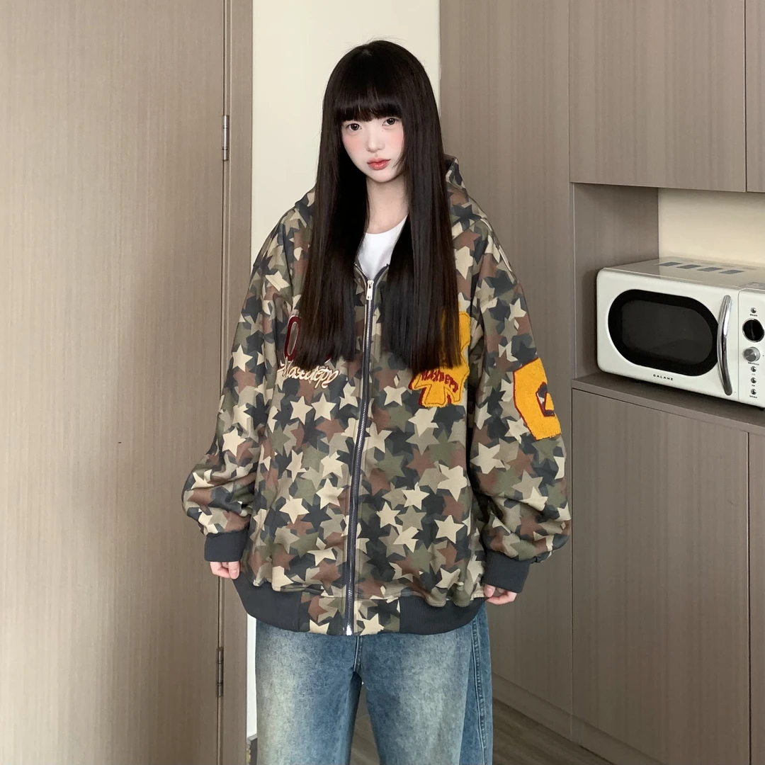 TOM潮 美式复古街头迷彩星星刺绣拼接连帽开衫卫衣短外套oversize