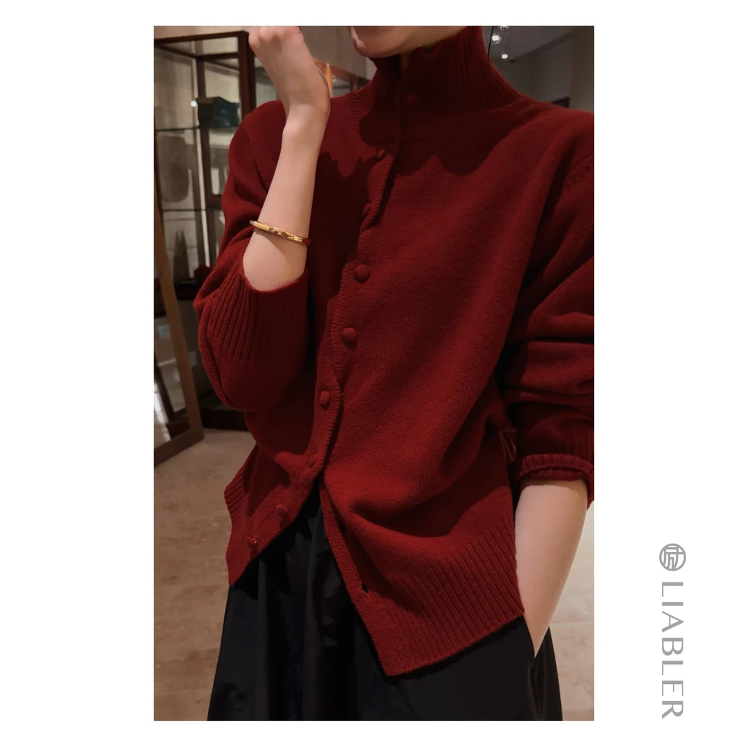 LIABLER D25秋冬不规则门筒设计绵羊毛立领毛织开衫上衣LAW25696J