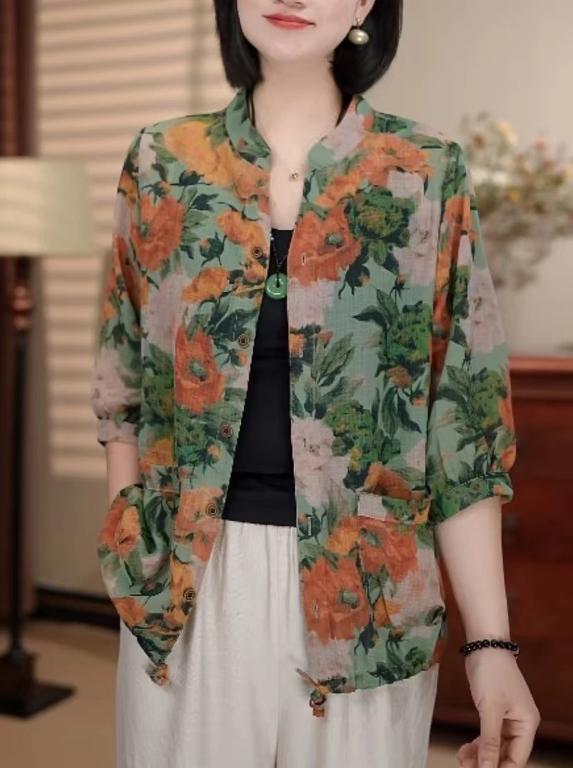 25夏季新款繁花似锦七分袖显瘦中老年妈妈装开衫上衣