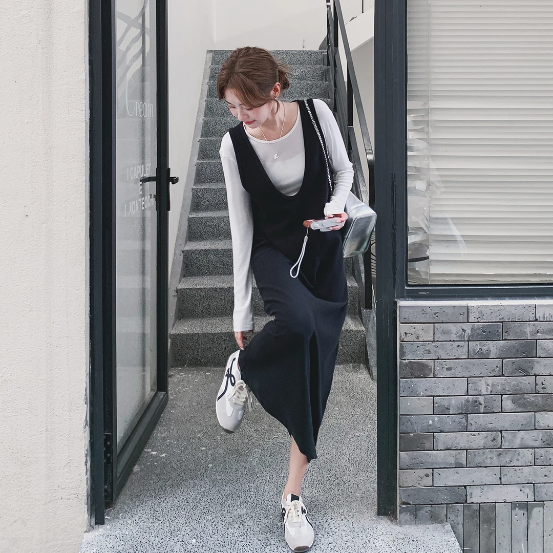 韩系慵懒风时尚显瘦套装裙女早秋新款高级感内搭背带长裙两件套