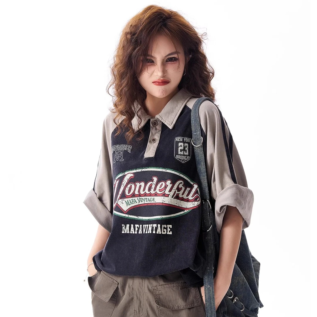 胖mm大码女装美式印花POLO领日常短袖T恤女复古学院风宽松上衣女