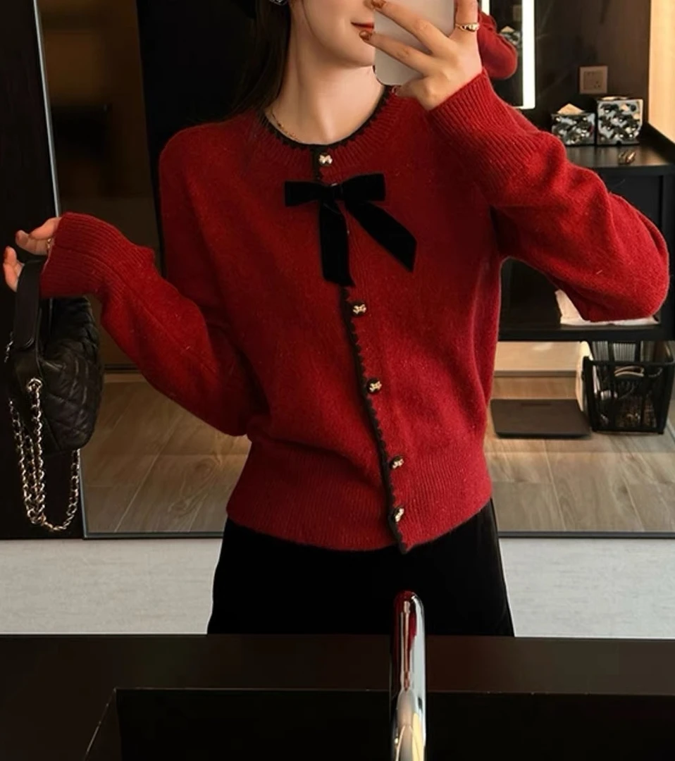 [DARUI]蝶结毛衣开衫女秋冬宽松慵懒风内搭打底针织衫9893