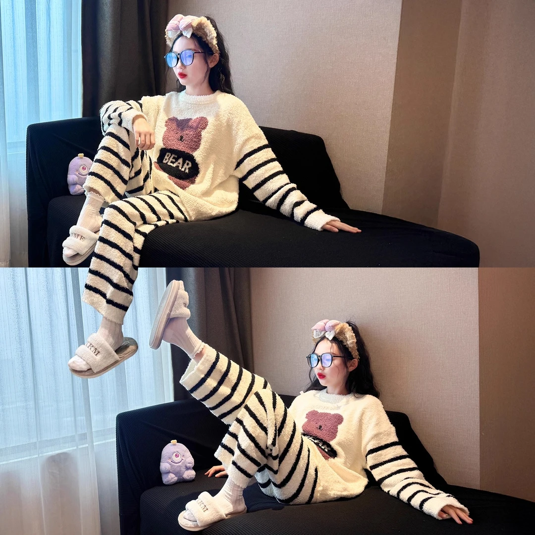 加厚珊瑚绒女童睡衣2025新款儿童冬季长袖套装女大童半边绒家居服