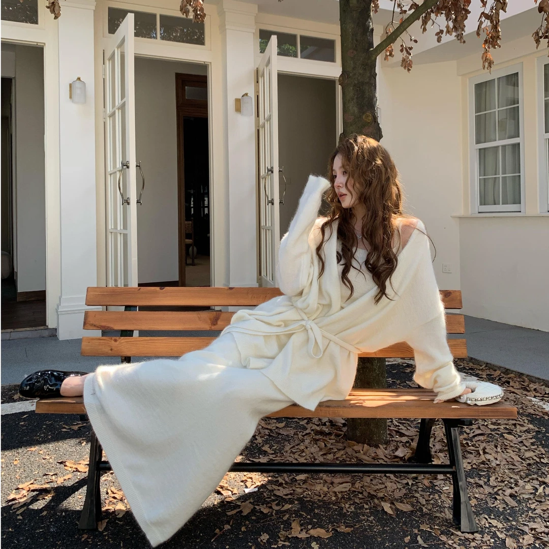 一整套ootd穿搭法式系带v领针织开衫小吊带半身裙高级感超好看潮