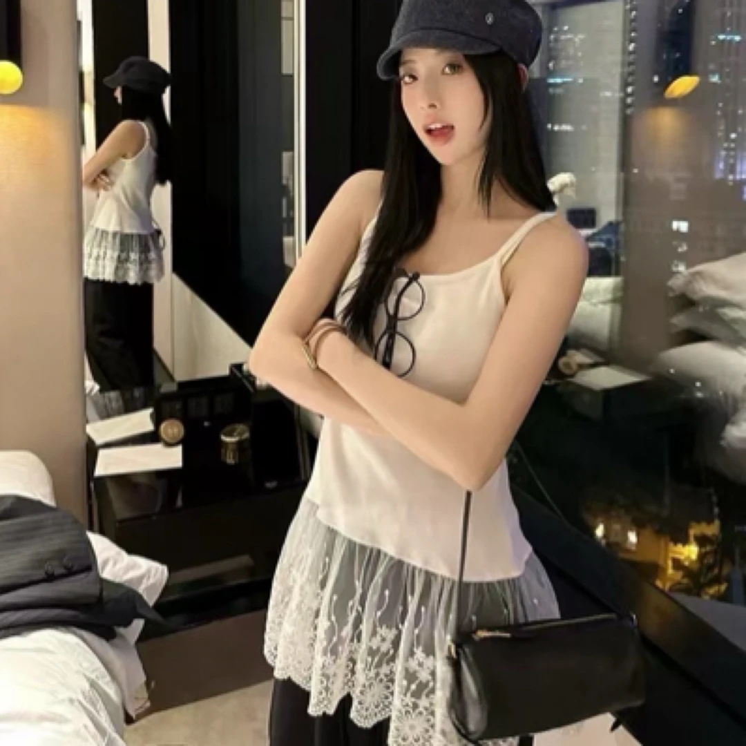 设计感百搭拼蕾丝中长款吊带背心女大码春夏显瘦百搭无袖打底上衣