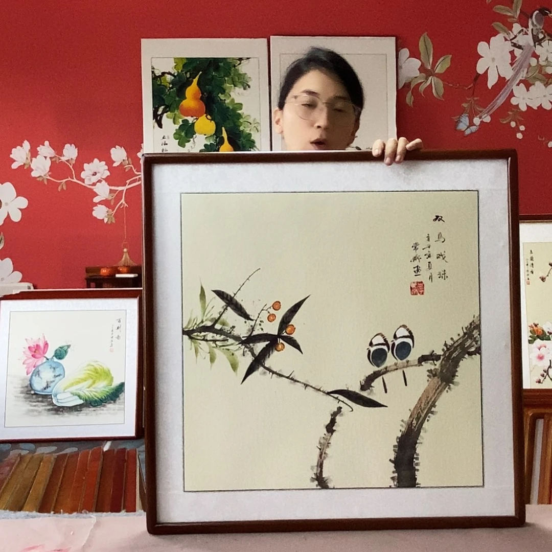 国画手写手绘国画作品带框包邮62✖️62
