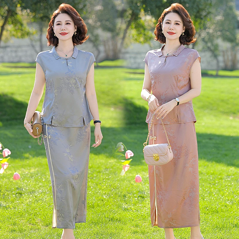 新中式妈妈夏装短袖t恤套装2025中老年国风气质半身裙女士两件套