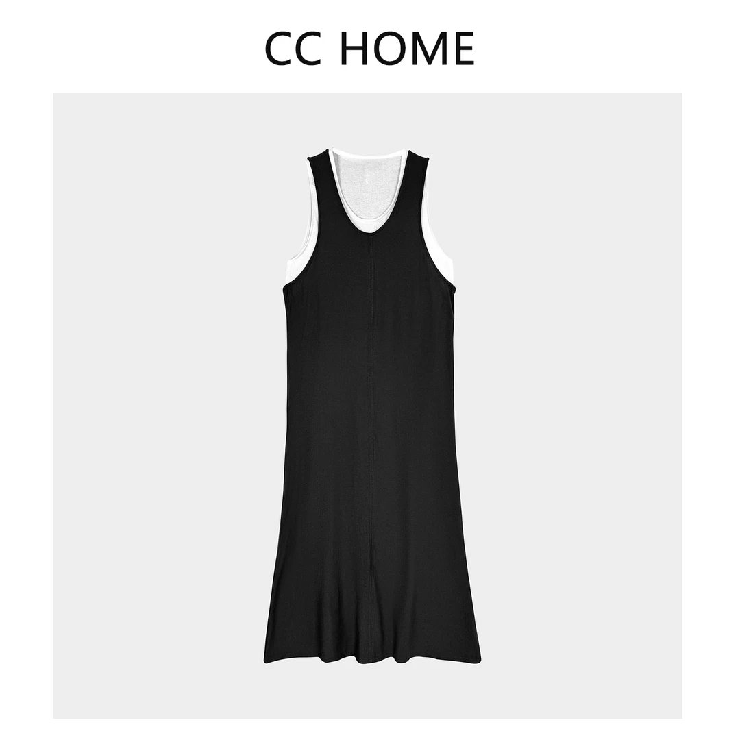 无袖慵懒风宽松腰连衣裙女士春夏纯色背心连衣裙套装HZ001