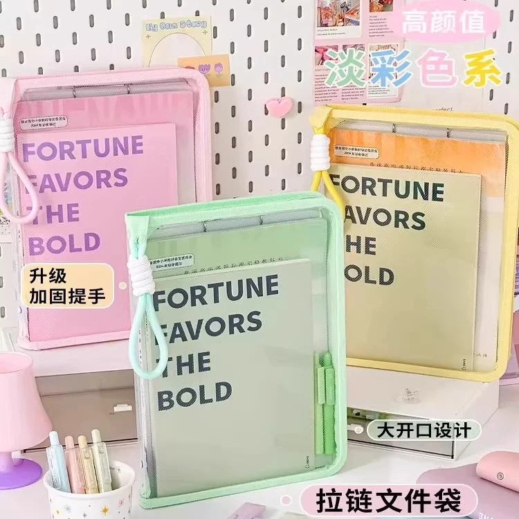 【马卡龙】大容量可装课本拉链式学生手提收纳袋文件袋马卡龙透明A4