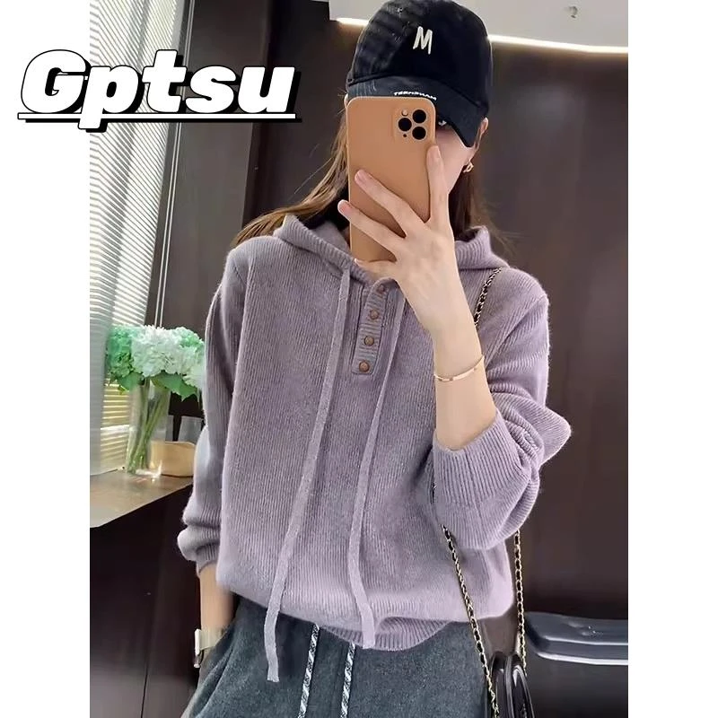 GPTSu大码女装连帽套头毛衣针织衫长袖秋季新款宽松显瘦内搭上衣