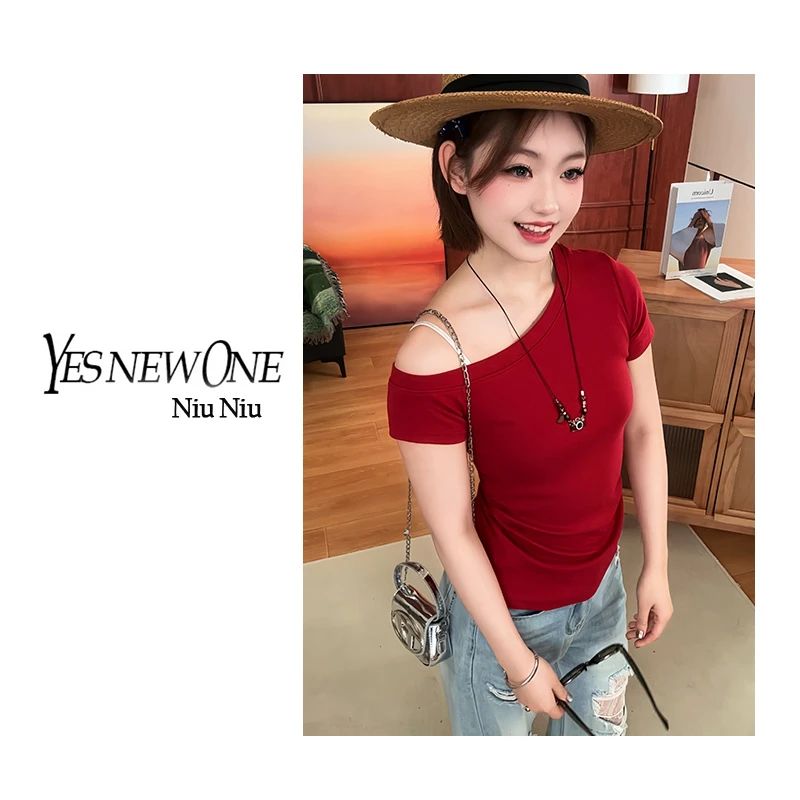 【夏日情书】斜肩设计上衣打底衫夏季休闲时尚百搭修身短袖T恤上衣