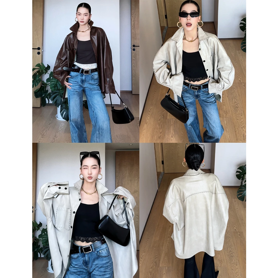 【质感OL】老风明线翻领皮衣衬衫女秋季新款宽松廓形中长款上衣