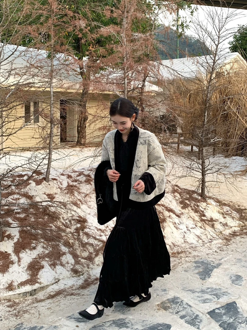 国风新中式冬季撞色印花棉服复古保暖外套