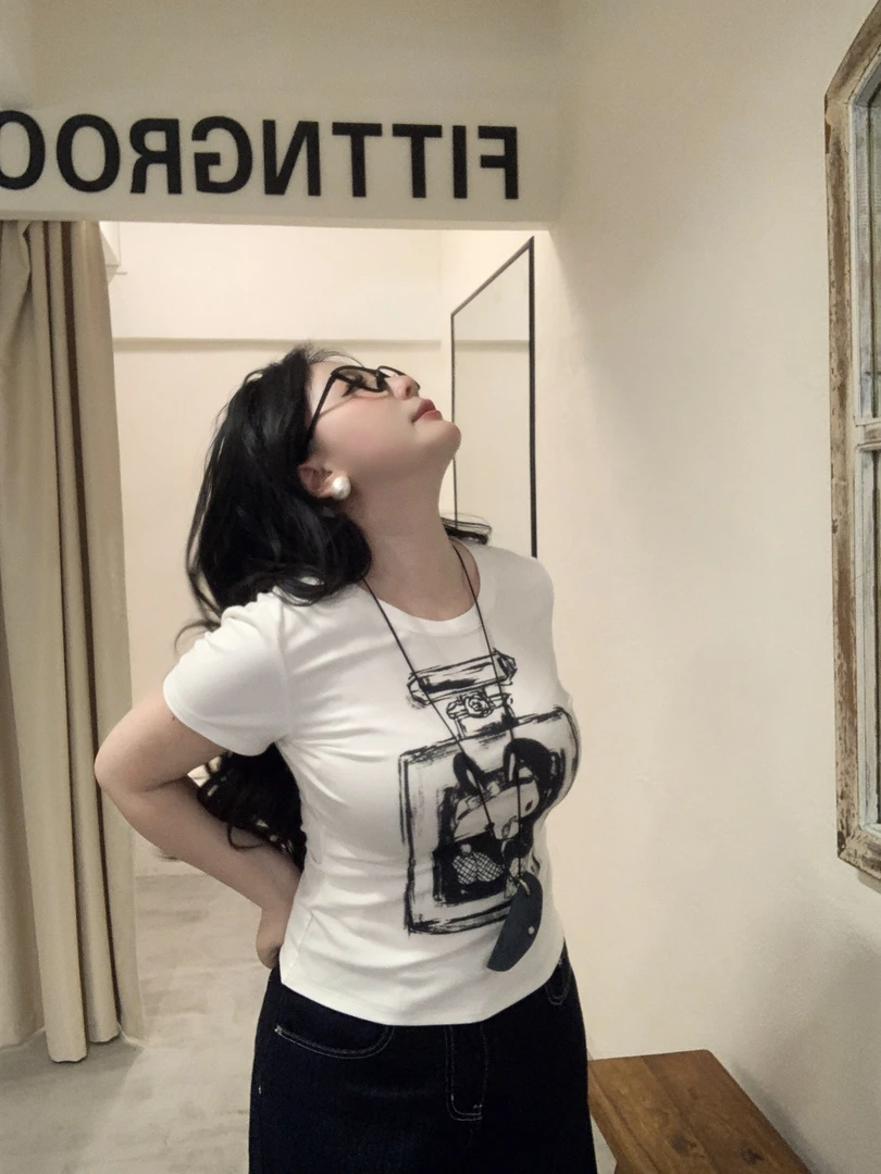 【大小姐】“香水kitty”夏季韩版时尚搞怪香水凯蒂猫印花T恤休闲短袖