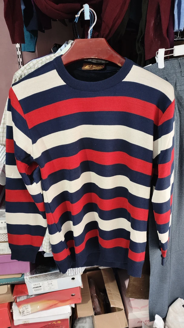 男士圆领舒绒彩条羊毛衫