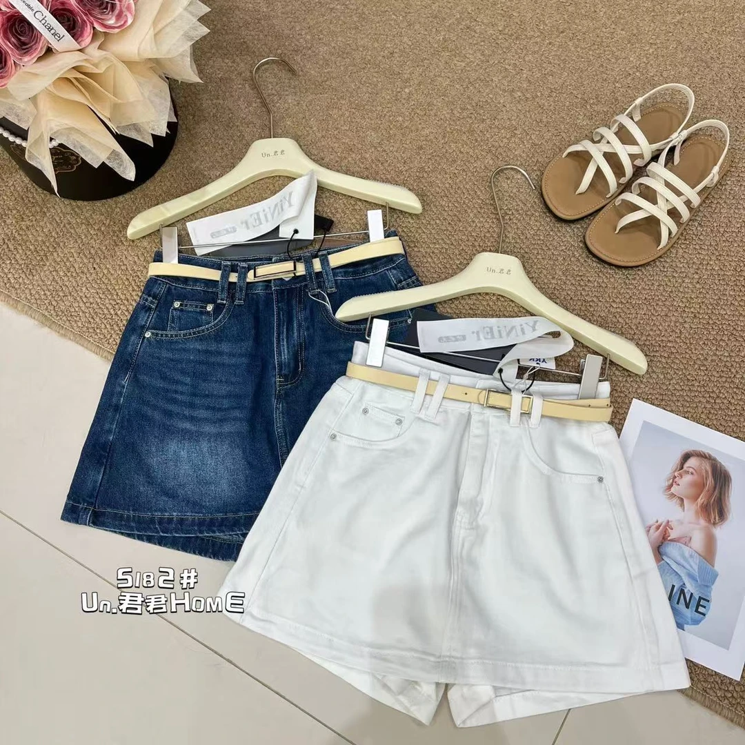 君君家【无弹裙裤】5182高腰设计感配皮带无弹牛仔裤裙