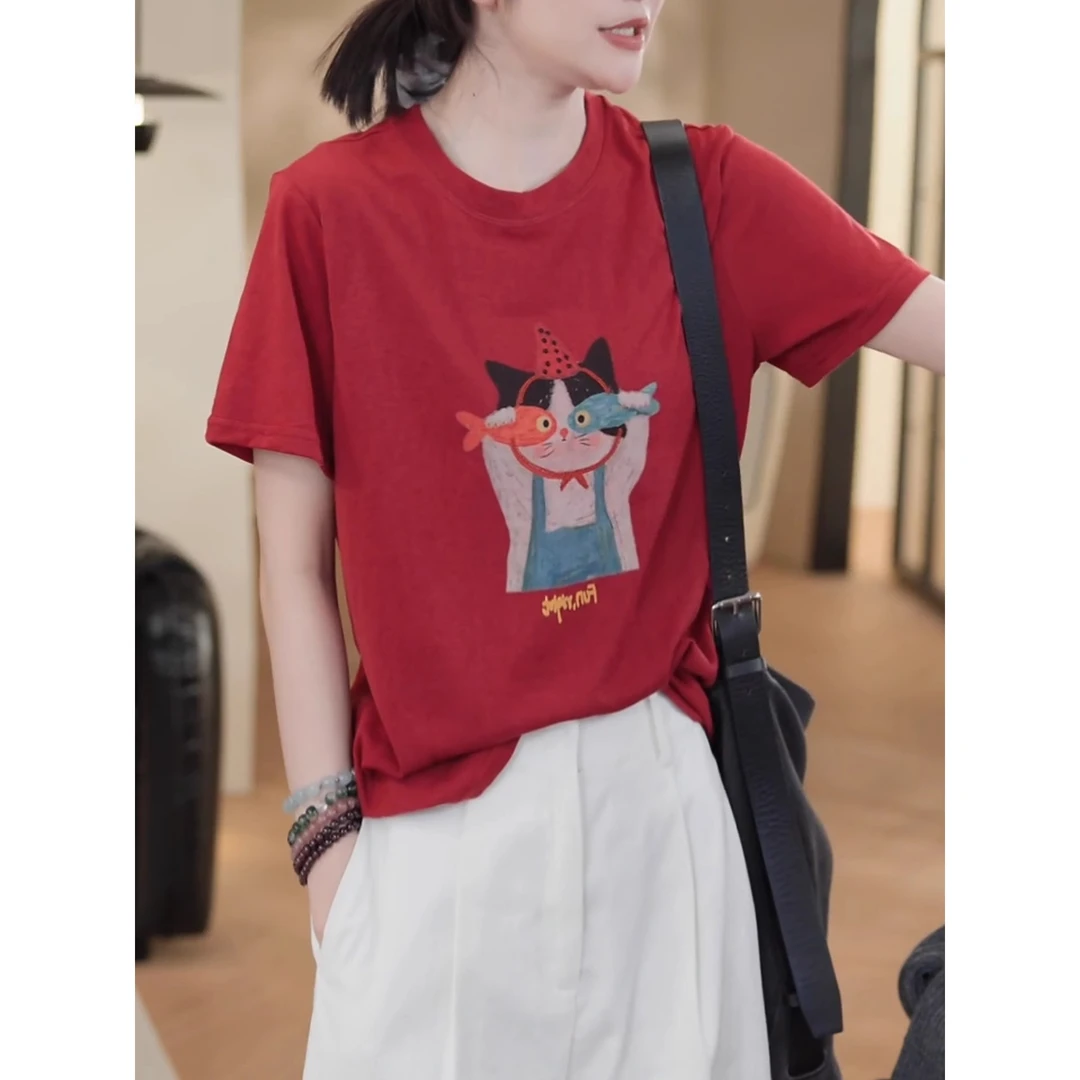 百搭宽松体恤上衣2025夏季新款猫咪印花红色正肩短袖t恤女