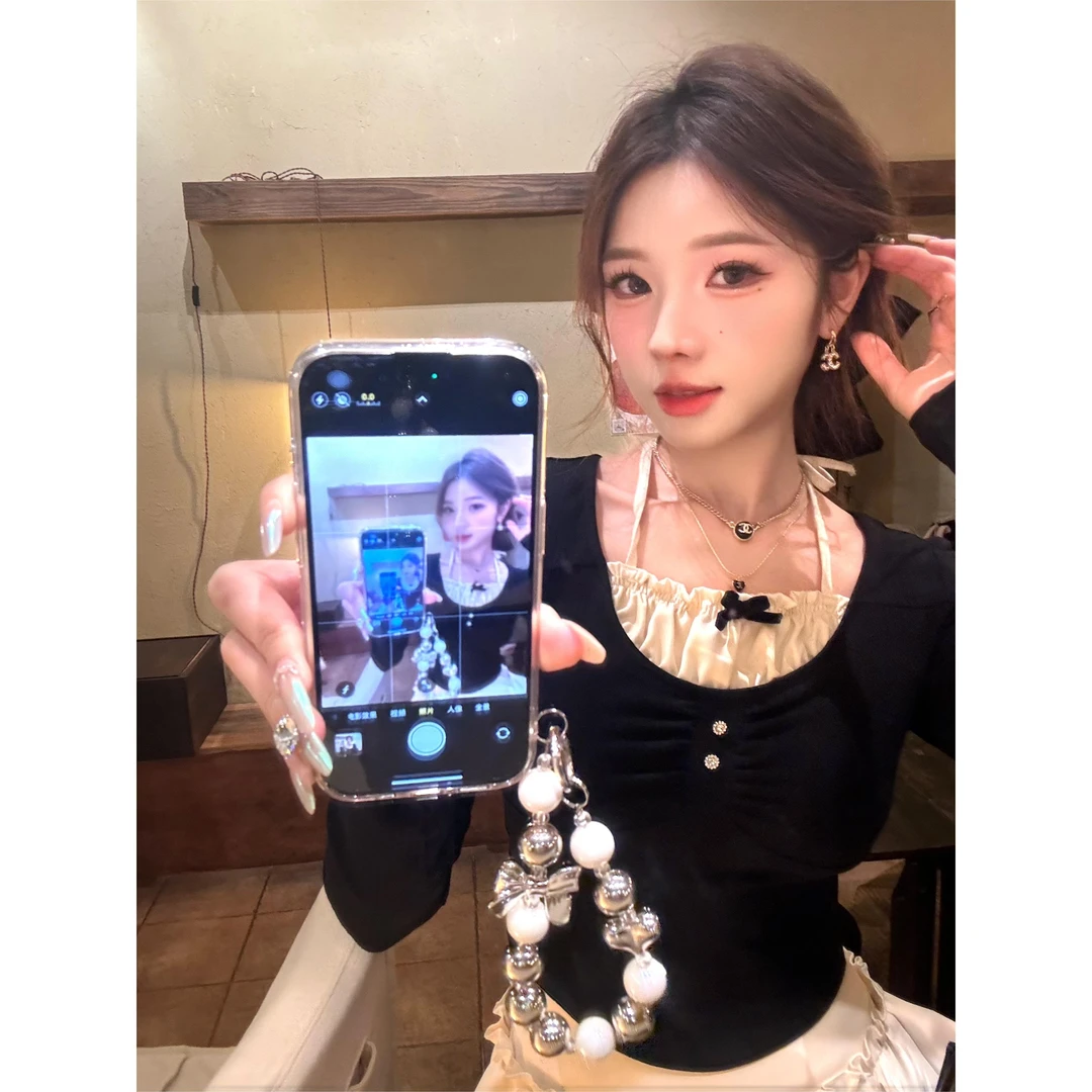 Ke可可少女【芭蕾序曲】少女甜美花边拼接假两件纯欲风挂脖绑绳T恤